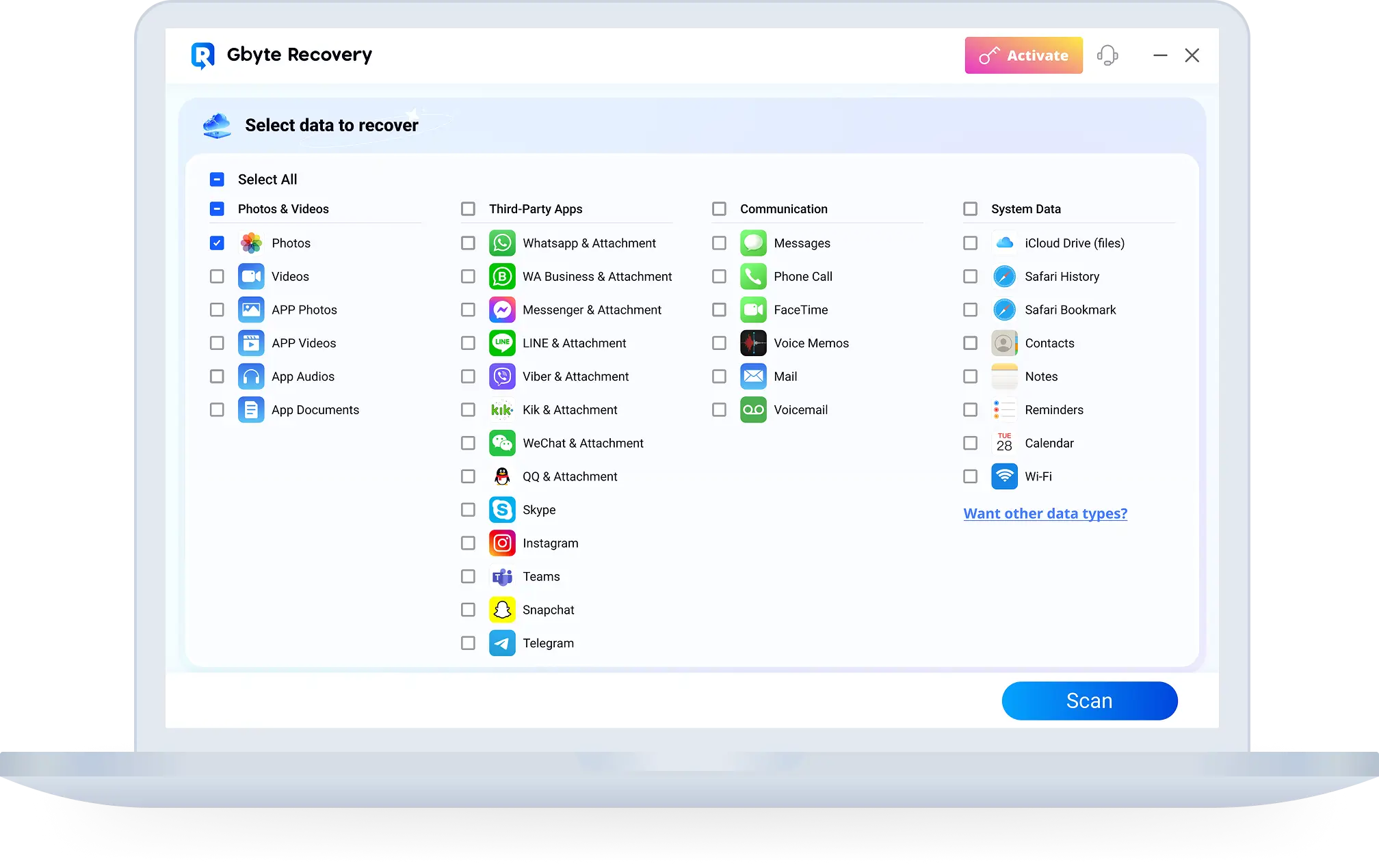 Select data types to recover interface