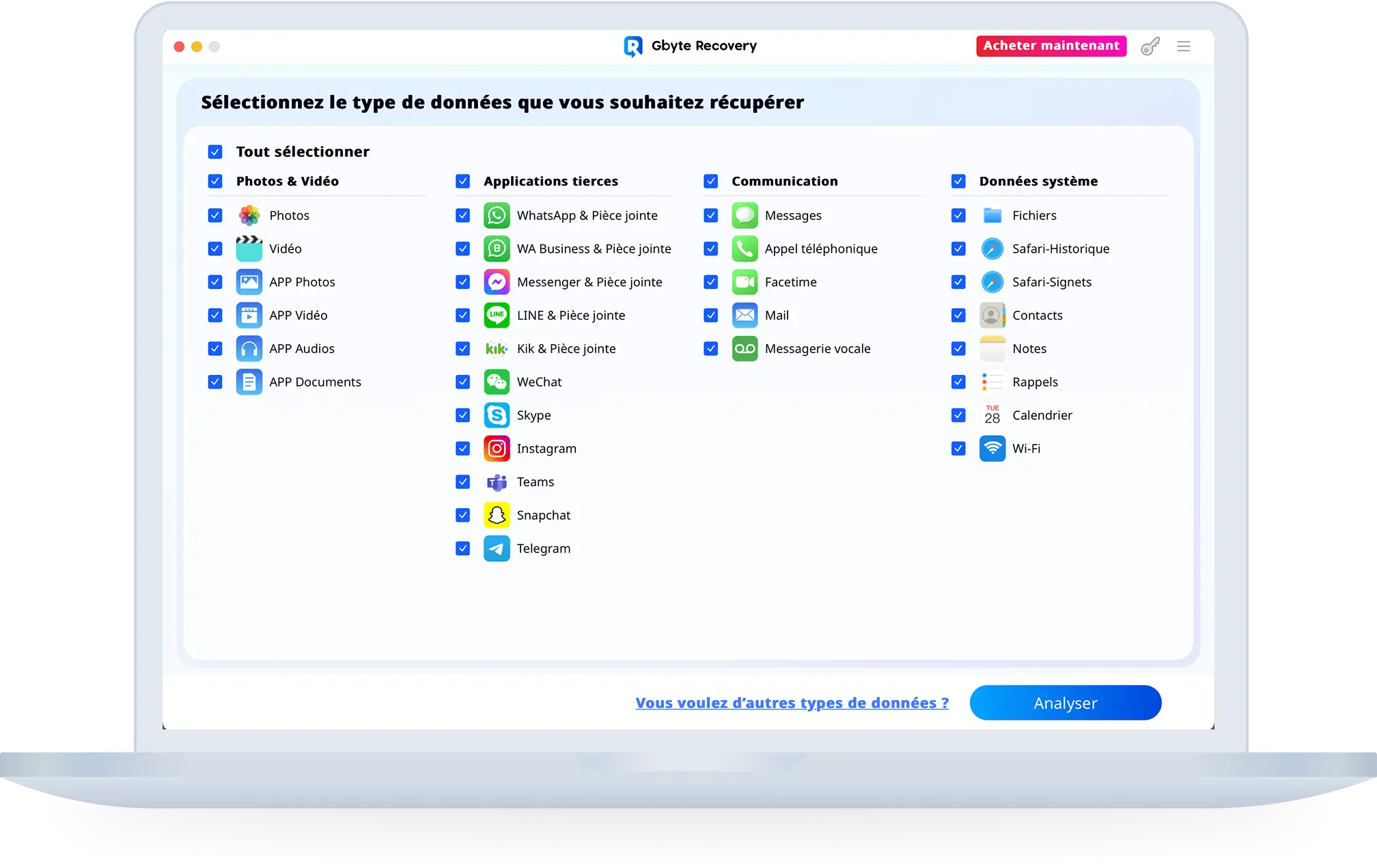 Select data types to recover interface