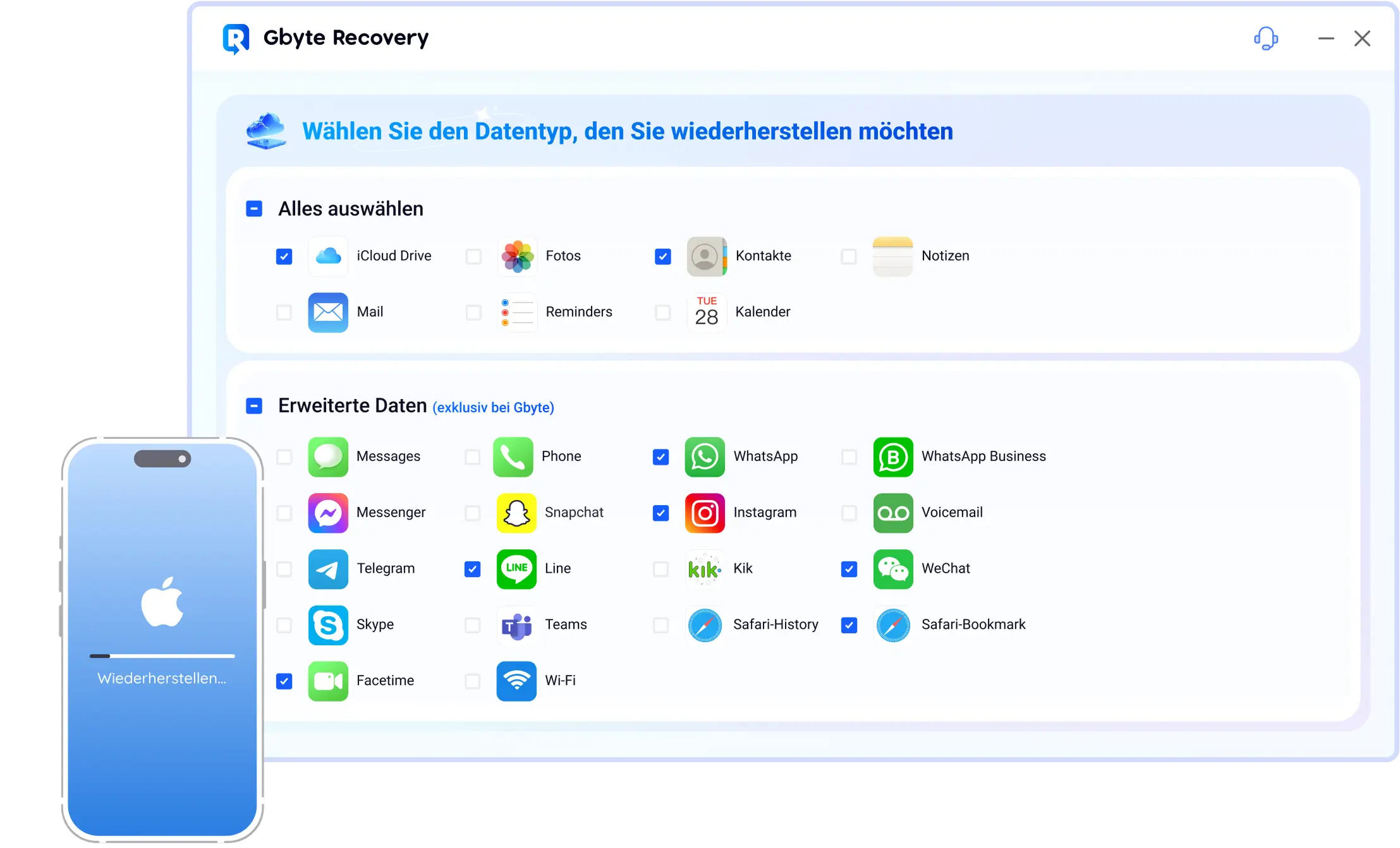 Gbyte iOS Recovery iPhone data recovery dashboard